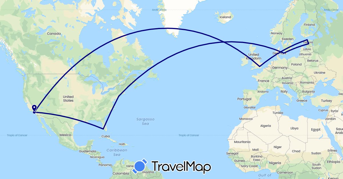 TravelMap itinerary: driving in Denmark, Estonia, United Kingdom, United States (Europe, North America)